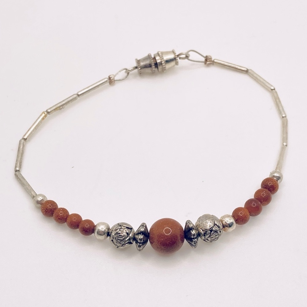 Vtg Gold Stone & Silver Tone Round & Heishi Tube Bead Bracelet Screw Clasp 7.5”